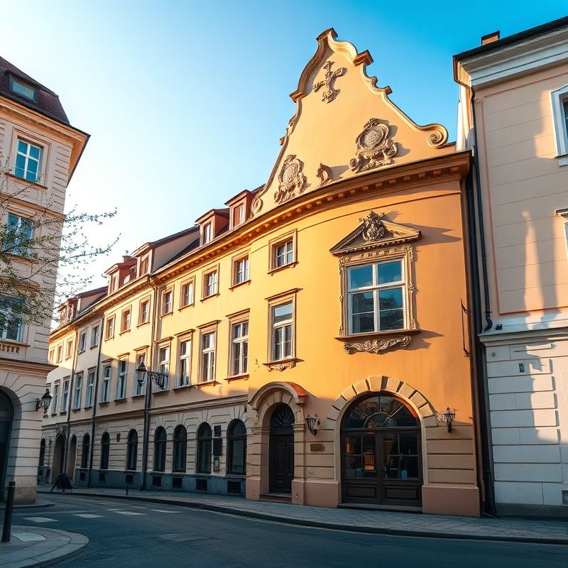 Fasáda středoevropské budovy v Českých Budějovicích v ranním světle